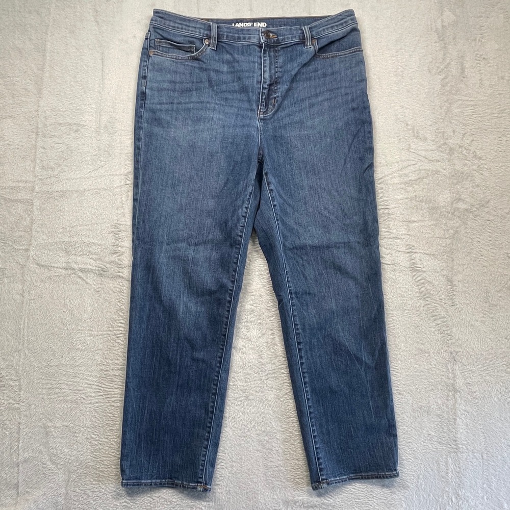 Lands End Straight Leg Jeans Womens 14 Blue Medium Wash Stretch 518843